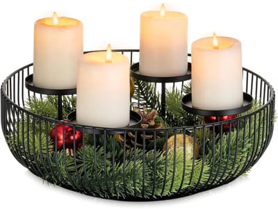 GELLDG Moderne metalen krans - Zwarte kransstandaard - Kaarsenhouder - Schaal geschikt voor 4 stompkaarsen - Ronde krans - Decoratieve tafelkrans geschikt voor advent en kerst