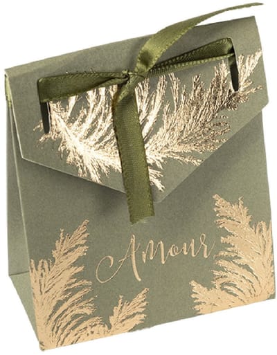 ARTYFETES - 10 Khaki Pampagras Kartonnen Doosjes met Gouden Opdruk Liefde Bruiloft met Lint