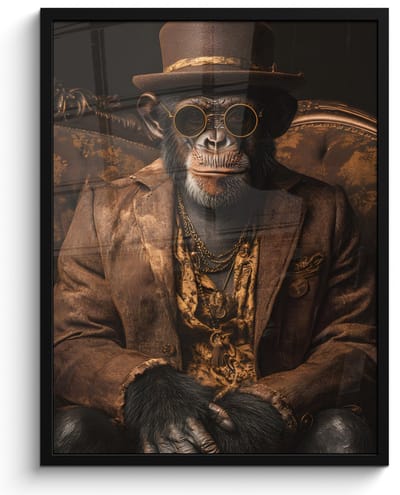 Poster in lijst - Fotolijst 50x70 cm - Posters - Chimpansee - Stoel - Pak - Bruin - Posterlijst zwart - Decoratie - Wanddecoratie woonkamer - Muurdecoratie slaapkamer