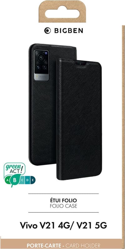 Bigben Connected, Hoesje geschikt voor Vivo V21 4G/5G - Folio met Standaard & Kaarthouder, Zwart