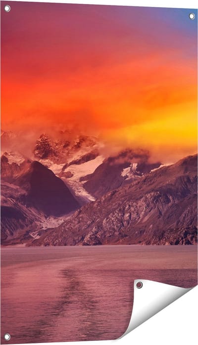 Gards Tuinposter Meer bij de Bergen bij Zonsondergang - 60x90 cm - Tuindoek - Tuindecoratie - Wanddecoratie buiten - Tuinschilderij