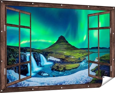 Gards Tuinposter Doorkijk Noorderlicht bij de Watervallen in IJsland - 180x120 cm - Tuindoek - Tuindecoratie - Wanddecoratie buiten - Tuinschilderij