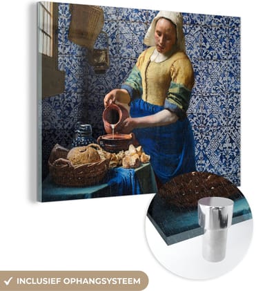 MuchoWow® Glasschilderij 160x120 cm - Schilderij acrylglas - Melkmeisje - Delfts Blauw - Vermeer - Schilderij - Oude meesters - Foto op glas - Schilderijen