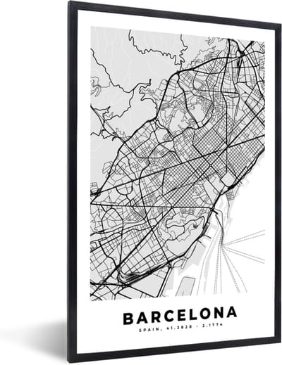 Fotolijst incl. Poster Zwart Wit- Barcelona - Stadskaart - Plattegrond - Zwart Wit - Kaart - 40x60 cm - Posterlijst