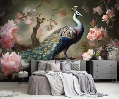 Vliesbehang - Fotobehang - Pauw - Vogel - Bloemen - Natuur - Veren - Pauwen - Vogels - 184x254 cm (Hoogte x Lengte)
