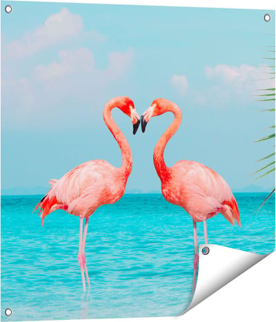 Gards Tuinposter Twee Flamingo's in een Hart Vorm in het Water - 70x70 cm - Tuindoek - Tuindecoratie - Wanddecoratie buiten - Tuinschilderij