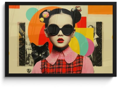 Poster in lijst - Fotolijst 60x40 cm - Posters - Meisje - Zonnebril - Kat - Retro - Posterlijst zwart - Decoratie - Wanddecoratie woonkamer - Muurdecoratie slaapkamer