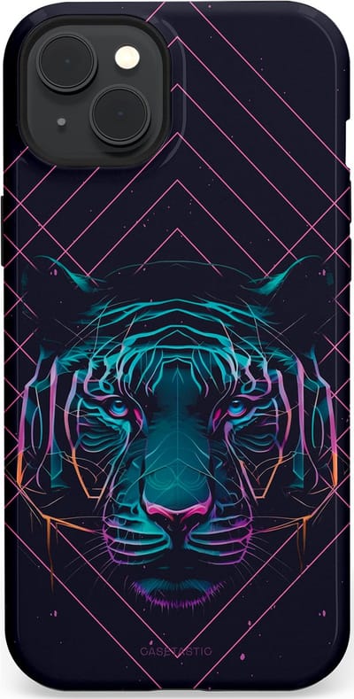 Casetastic hoesje geschikt voor Apple iPhone 15 Plus - MagSafe - Dubbellaagse bescherming - Neon Tijger - Fashion Case - Donkerblauw