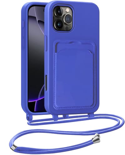 Hoesje Geschikt voor iPhone 16 Pro Hoesje Met Telefoonkoord en Pasjeshouder Siliconen - Hoes Geschikt voor iPhone 16 Pro Hoesje Met Kaarthouder Case - Felblauw