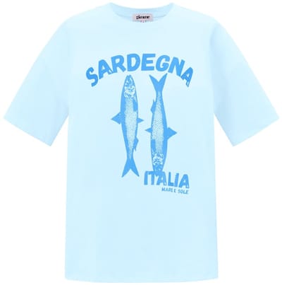 Sardinia Fish Graphic Tee – Katoenen T-shirt met Print – Casual Top voor een Zomerse Look - Baby Blauw - Maat S