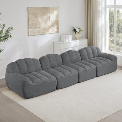 BLACKCOLORS Modulaire 4-zitsbank, schelpvorm, Boneless-bank met 32D-schuim met hoge dichtheid, diepe zitting, ideaal voor de woonkamer, zachte stof, grijs