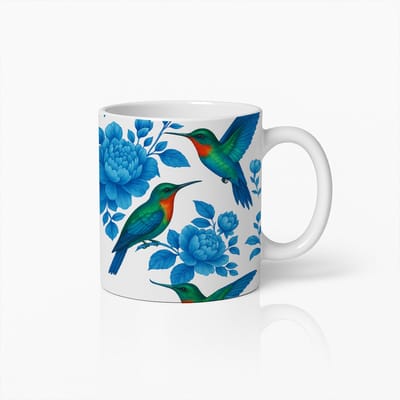 Kolibrie en Blauwe Bloemen Keramische Mok – Elegante Natuur Ontwerp Koffiebeker