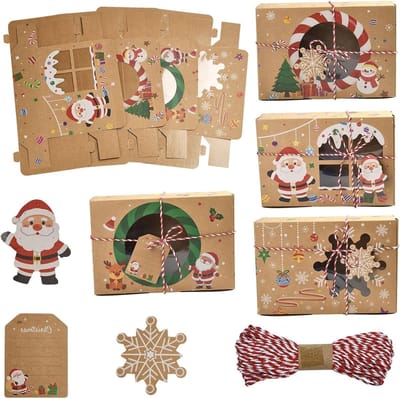 12 Stuks Geschenkdoos Set met Venster voor Peperkoek en Snoep - Kerst Kraft Papier Dozen voor Feestelijke Cadeaus - 20.5x14x6cm