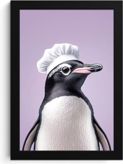 Fotolijst inclusief poster - Posterlijst 20x30 cm - Posters - Pinguïn - Koksmuts - Lief - Paars - Foto in lijst - Keuken decoratie muur - Wanddecoratie accessoires - Muurdecoratie - Schilderijen