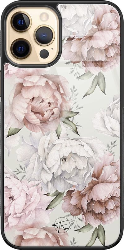 Hoesje geschikt voor iPhone 12 - Klassieke bloemen - Luxe Hard Case - Bloemen - Beige - Mooie Telefoonhoesjes
