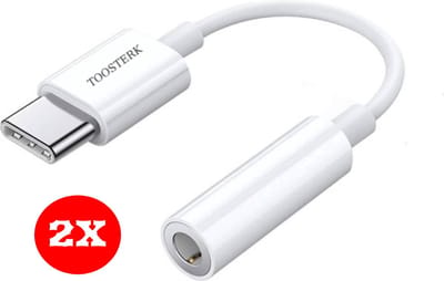 Toosterk Originele USB Type-C naar 3,5mm Jack Adapter voor koptelefoons, AUX-audiokabel Wit | 2 Stuks
