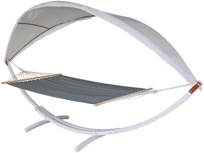 Hangmat MCW-J47, hangschommel tot 200 kg Zonnescherm MVG-houten frame 420 cm 2 personen ~ wit, grijs