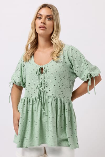 Yours Groene Broderie Anglaise Top Met Strik Aan De Voorkant En Peplum Size 42
