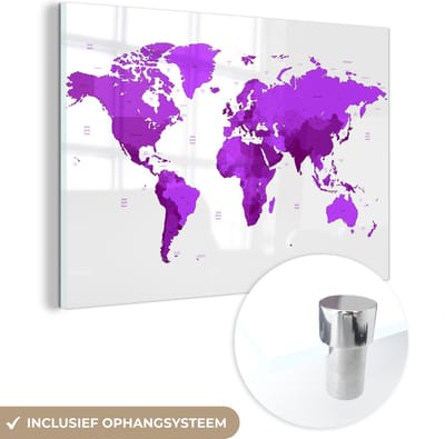 ® Glasschilderij 150x100 cm - Schilderij acrylglas - Wereldkaart - Simpel - Paars - Foto op glas - Muurdecoratie woonkamer - Wanddecoratie slaapkamer - Schilderijen