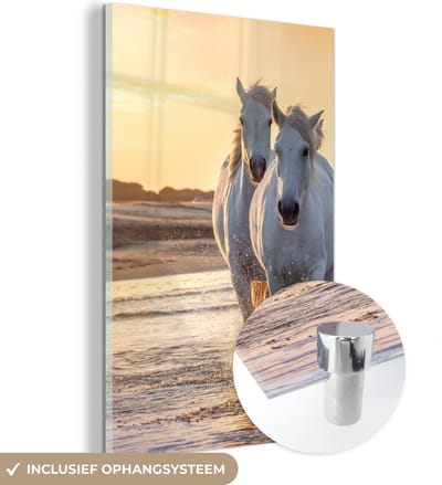 MuchoWow® Glasschilderij 120x180 cm - Schilderij acrylglas - Paarden - Water - Strand - Dieren - Foto op glas - Schilderijen