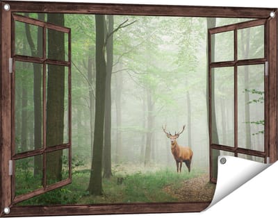 Gards Tuinposter Doorkijk Hert in Bos - 90x60 cm - Tuindoek - Tuindecoratie - Wanddecoratie buiten - Tuinschilderij