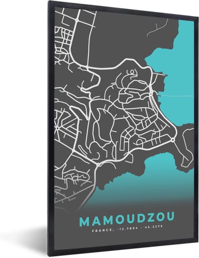 Fotolijst incl. Poster - Frankrijk - Stadskaart - Mamoudzou - Kaart - Plattegrond - 40x60 cm - Posterlijst