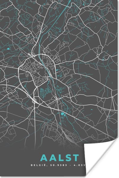 Poster Plattegrond – Aalst – Blauw – Stadskaart - Kaart - 120x180 cm XXL