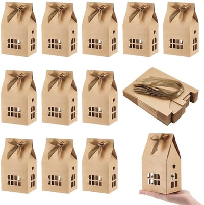 Solidchoice- Geschenkdozen 20 Stuks - Huisvormige Papieren Dozen - Bruin met Lint - 7x10x10 cm - Perfect voor Feestelijke Verpakkingen - Romantisch Ontwerp - Cadeauverpakking