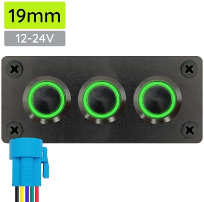 ProRide Metalen Pulsschakelaar 12-24V OFF-(ON) - Drievoudig Inbouwpaneel - 19mm - IP67 - LED indicatie Groen