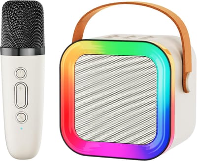Mini Karaoke Speaker voor Kinderen en Volwassenen, Draagbare Bluetooth met 1-2 Draadloze Microfoons, Kerst- en Verjaardagscadeaus Speelgoed voor Meisjes en Jongens vanaf 4, 5, 6, 7, 8, 9, 10, 11, 12+ Jaar, Peuters (Wit - 1 Microfoon)