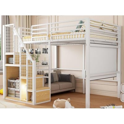 ModernLuxe Mezzaninebed voor kinderen 140x200cm - met veiligheidsladder en opbergruimte - Wit