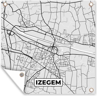 Tuin poster Zwart Wit – België – Plattegrond – Stadskaart – Kaart – Izegem - 200x200 cm - Tuindoek