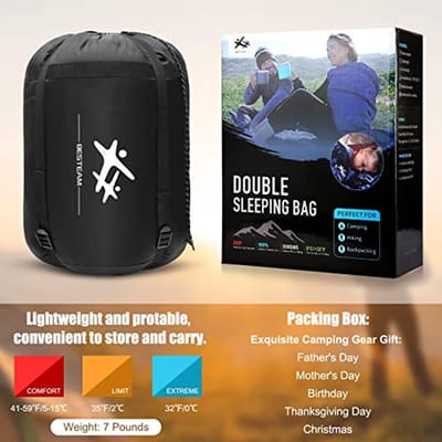 BESTEAM Dubbele slaapzak backpacken, wandelen, familie kamperen, reizen. Queen Size XL Truck, Tent, slaapkussen. 2 persoons waterdichte slaapzak volwassenen tieners. 3 seizoenen!