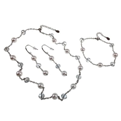 Ketting, Armband & Oorbellen van RVS met Witte Kristalparels en Oostenrijkse Kristallen, Handgemaakte Sieradenset Dames door esde2
