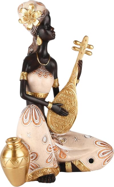 Dekoratief | Afrikaanse dame zittend m/mandoline, resina, 18x13x26cm | A245936