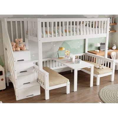 ModernLuxe Mezzaniebed 90x200cm+120x200cm in massief grenen met tafel en bank + lattenbodems - Wit