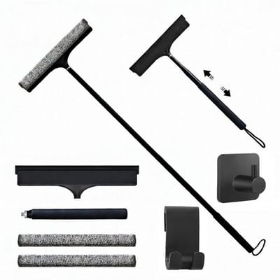 Waterval Douchewisser met Uitschuifbare Steel tot 120 cm - 2-in-1 Siliconen Vloerwisser en Raamwisser - Met 2 Microvezelpads en 2 Ophanghaken - Zwart