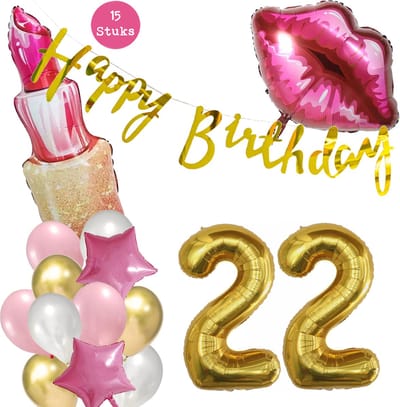 Snoes Beauty Helium Ballonnen Set 22 Jaar - Roze Folieballonnen - Slinger Happy Birthday Goud