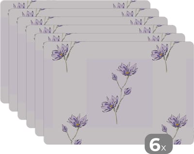 Placemat - Placemats kunststof - Bloemen - Paars - Lente - Patronen - 45x30 cm - 6 stuks - Hittebestendig - Anti-Slip - Onderlegger - Afneembaar