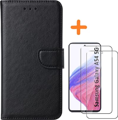 Hoesje geschikt voor Samsung Galaxy A54 bookcase Zwart - Met screenprotector tempered glass - 2x