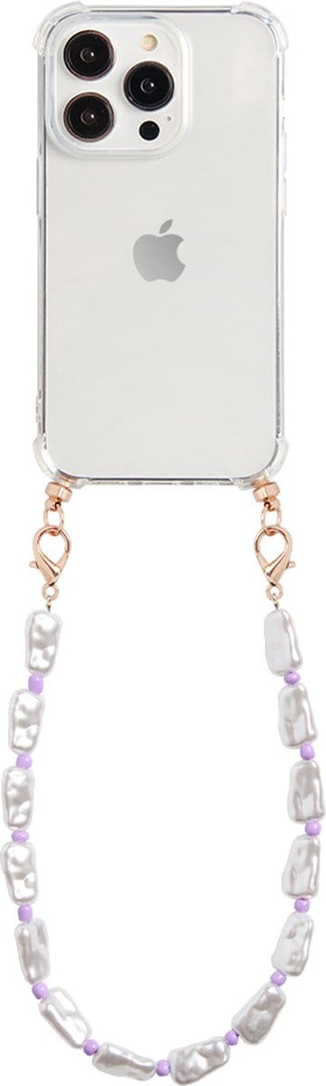 Casies hoesje geschikt voor Apple iPhone 13 Pro Max met koord - Parel ketting - short size - crossbody - Cord Case Pearl Purple Beads