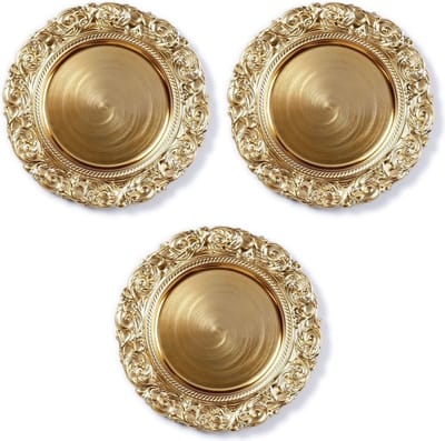 Inge Diner borden/onderborden - 3x - goud met decoratieve rand - 33 cm - rond - kaarsenbord - onderzet bord