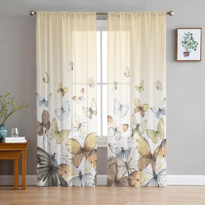 Lente Bloem Vlinder Raam Tule Gordijnen voor Woonkamer Slaapkamer Hotel Luxe Decoratie Transparant 135W x 114H(cm)