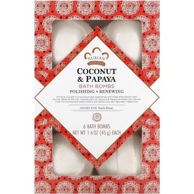 Nubian Heritage, Bath Bombs, Coconut and Papaya, 6 bath bombs, 1.6 oz (45 g) each