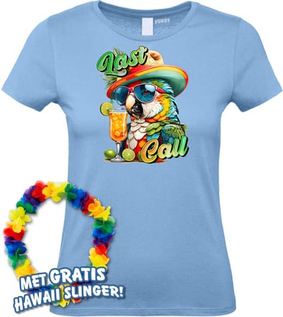 Dames t-shirt Last Call | Toppers in Concert 2024 | Club Tropicana | Hawaii Shirt | Ibiza Kleding | Lichtblauw Dames | maat XS