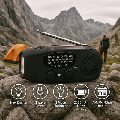 Noodradio - Dynamo Radio - Opwindbare Zaklamp - 2000mAh - Solar Opwindbaar - Emergency Radio - Opwindbare Zaklamp - Zwart