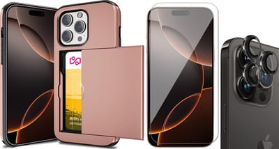 Hoesje met Pasjeshouder geschikt voor iPhone 16 Pro - Screenprotector GlassGuard & Camera Lens Screen Protector Zwart - Back Cover SlideCase Roségoud