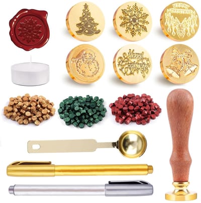 Kerst Wax Seal Stamp Kit met Messing Hoofd, 300 Verzegelwas Kralen, Houten Lepel en Kaarsen voor Trouwhuwelijksuitnodigingen en Cadeauverpakking