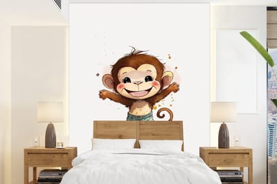 Behang - Fotobehang Aap - Bruin - Waterverf - Dieren - Meiden - Jongens - Breedte 165 cm x hoogte 220 cm