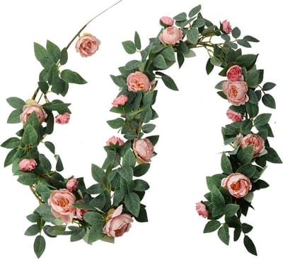 Clayre & Eef Kunstbloem Guirlande 150 cm Roze Groen Kunststof Rozen